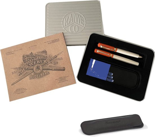 Kaweco - Cadeauset - Vulpen Fine Student 70'S Blues - Balpen Student - Oranje Ivory - Gratis Lederen Etui - Gratis Cadeaubox - Vullingen Blauw
