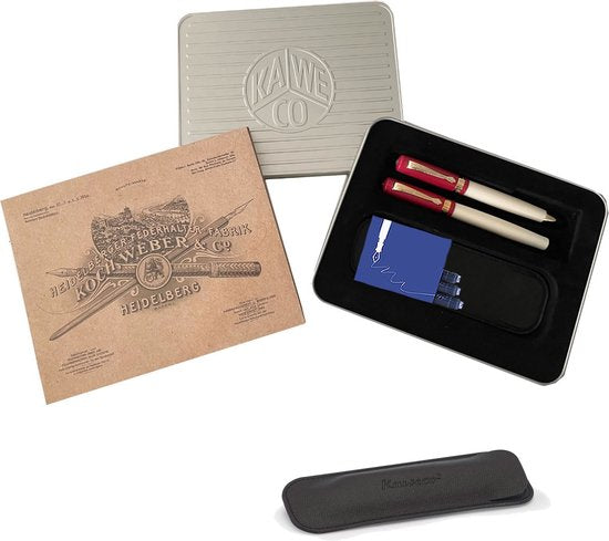 Kaweco - Cadeauset - Vulpen Medium Student 30'S Blues - Balpen Student - Zacht rood Ivory - Gratis Lederen Etui - Gratis Cadeaubox - Vullingen Blauw