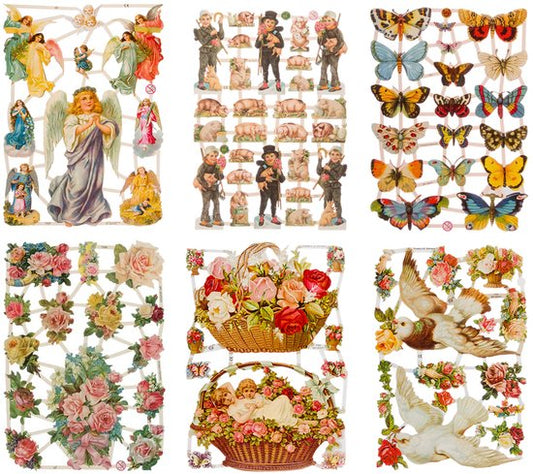 Poëzieplaatjes - 6 vellen - plaatjes - hobby - creatief - decoupage - knutselen - scrapboek - met ROZEN - DUIVEN - VLINDERS - ENGELEN - VARKENTJES