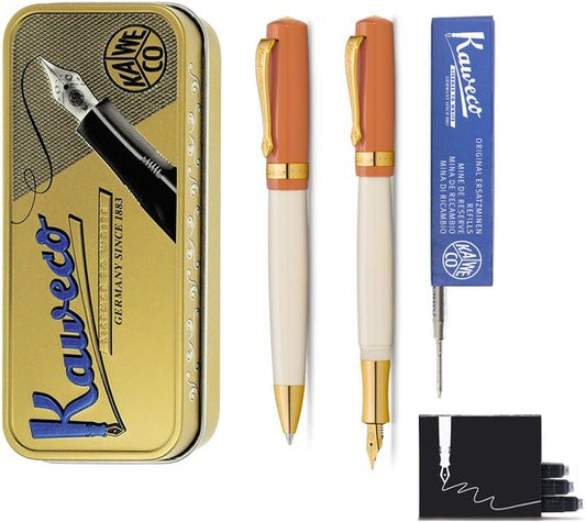Kaweco - set - Vulpen en Balpen - Student 70's Soul - Oranje in vintage blikje - doosje G2 Blauwe balpenvulling - doosje vulpeninkt