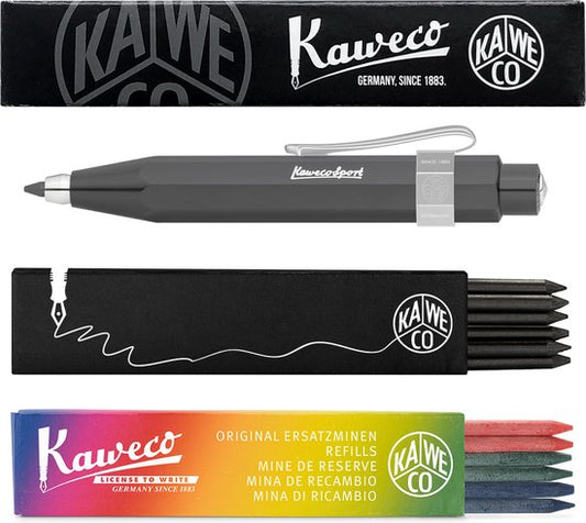Kaweco - Vulpotlood 3,2 - Skyline Sport - Nostalgic Octagonal Clip Chrome - Grey  (Grijs) - Met doosje vullingen Zwart - Doosje vullingen 3 kleur