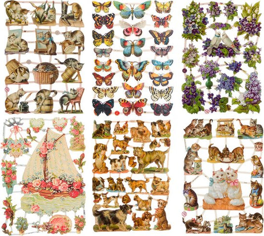 Poëzieplaatjes - Serie 1G - 6 vellen - plaatjes - hobby - creatief - decoupage - knutselen - scrapboek - met Vlinders - Honden - Vogels - Konijnen - Boerderij dieren - Bosdieren
