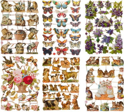 Poëzieplaatjes - Serie G - 6 vellen - plaatjes - hobby - creatief - decoupage - knutselen - scrapboek met Katten - Vlinders - Bloemen - Honden