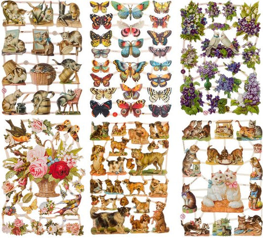 Poëzieplaatjes - Serie G - 6 vellen - plaatjes - hobby - creatief - decoupage - knutselen - scrapboek met Katten - Vlinders - Bloemen - Honden