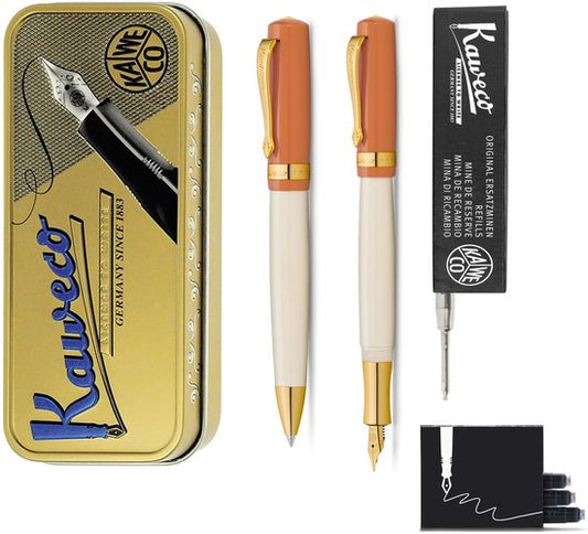 Kaweco - set - Vulpen en Balpen - Student 70's Soul - Oranje in vintage blikje - doosje G2 Zwarte balpenvulling - doosje vulpeninkt