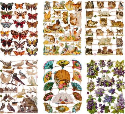 Poëzieplaatjes - 6 vellen - plaatjes - hobby - creatief - decoupage - knutselen - scrapboek met vlinders - boerderijdieren -katten - duiven - waaiers - bloemen