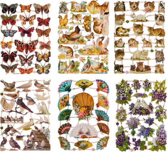 Poëzieplaatjes - 6 vellen - Vlinders - Boerderijdieren - Katten - Duiven - Waaiers - Bloemen - Poëziealbum - hobby - creatief - bulletjournaal - vriendenboek - dagboek - decoupage - knutselen - scrapbook