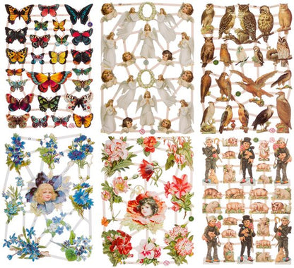 Poëzieplaatjes - 6 vellen - plaatjes - hobby - creatief - decoupage - knutselen - scrapboek - met POEZEN - BOERDERIJDIEREN - BLOEMEN - VARKENTJES - HONDEN - VOGELS