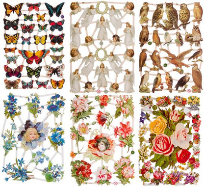 Poëzieplaatjes - 6 vellen - plaatjes - hobby - creatief - decoupage - knutselen - scrapboek - met VLINDERS - ENGELEN - UILEN - BLOEMEN