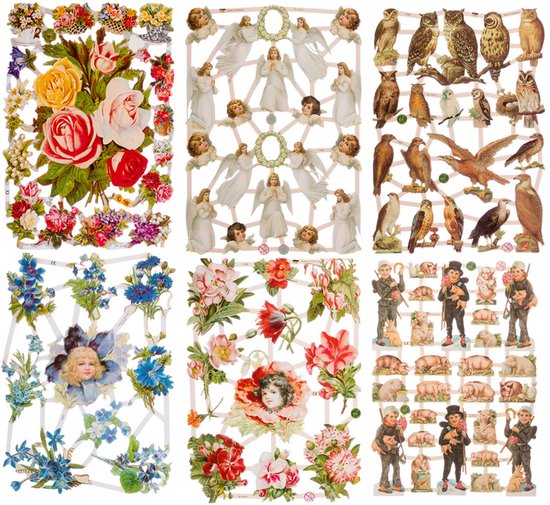 Poëzieplaatjes - Serie 1R - 6 vellen - plaatjes - hobby - creatief - decoupage - knutselen - scrapboek - met ENGELEN - BLOEMEN - VOGELS -UILEN