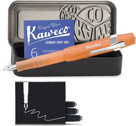 Kaweco - Vulpen - FROSTED SPORT - Fountain Pen - MANDARIN - CLIP CHROME - ZWART BLIKJE - (M) MEDIUM - Extra doosje vullingen (1 vulpen)