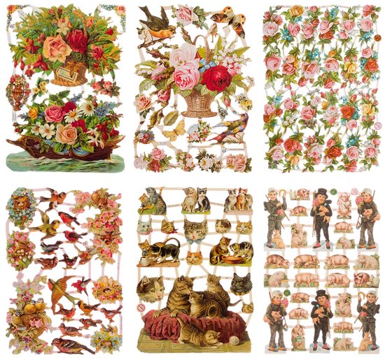 Poëzieplaatjes - 6 vellen - plaatjes - hobby - creatief - decoupage - knutselen - scrapboek - met Rozen - Poezen - Varkentjes