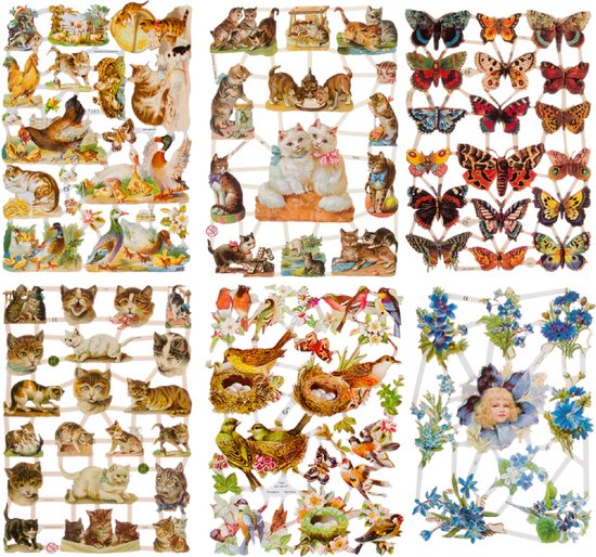 Poëzieplaatjes - 6 vellen - plaatjes - hobby - creatief - decoupage - knutselen - scrapboek met boerderijdieren - katten - vlinders - vogels - bloemen