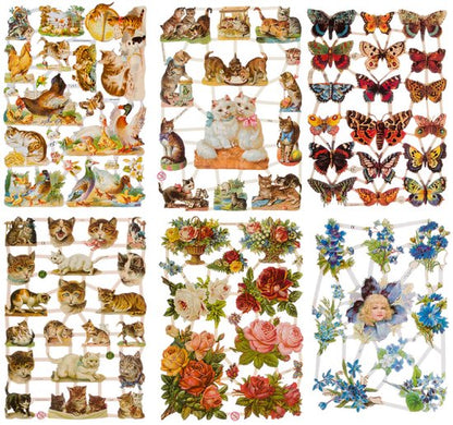 Poëzieplaatjes - 6 vellen - plaatjes - hobby - creatief - decoupage - knutselen - scrapboek - met BOERDRIJDIEREN - POEZEN - VLINDERS - KATTEN - BLOEMEN