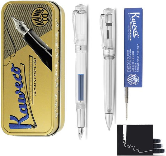 Kaweco - set - Vulpen en Balpen - Student - Transparent in vintage blikje - doosje G2 Blauwe balpenvulling - doosje vulpeninkt