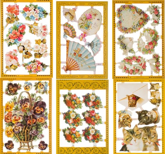 Poëzieplaatjes - 6 vellen - Katten - Viooltjes - Hartjes - Poezen - Waaiers - Boeketten - Bloemen - Poëziealbum - hobby - creatief - bulletjournaal - vriendenboek - dagboek - decoupage - knutselen - scrapbook