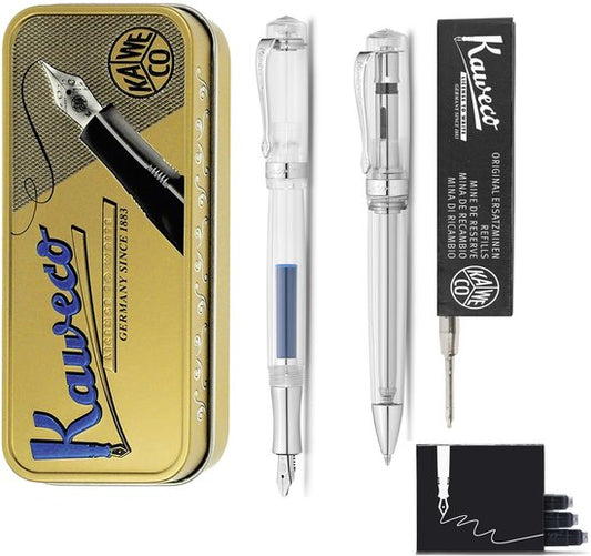 Kaweco - set - Vulpen en Balpen - Student - Transparent in vintage blikje - doosje G2 Zwarte balpenvulling - doosje vulpeninkt