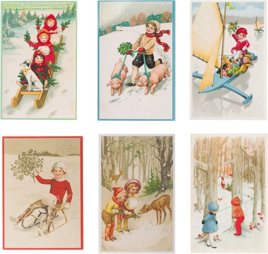 Nostalgische kerstkaarten - 6 stuks - Klassieke Vintage afbeeldingen - Winter - Sneeuw - Feestelijk - Jaarwisseling - Oude Brocante kerstkaarten