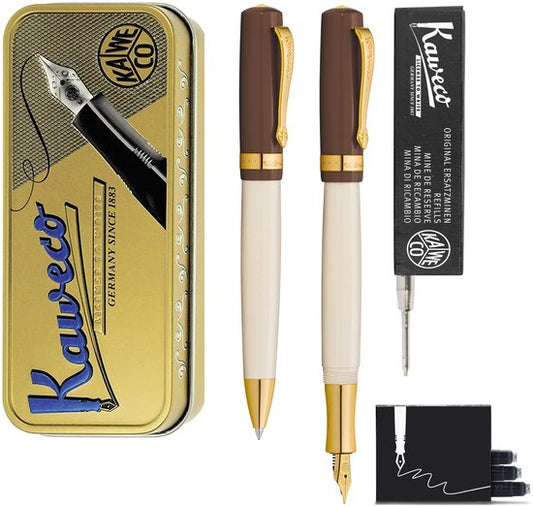Kaweco - set - Vulpen en Balpen - Student 20's Jazz - Bruin in vintage blikje - doosje G2 Zwarte balpenvulling - doosje vulpeninkt