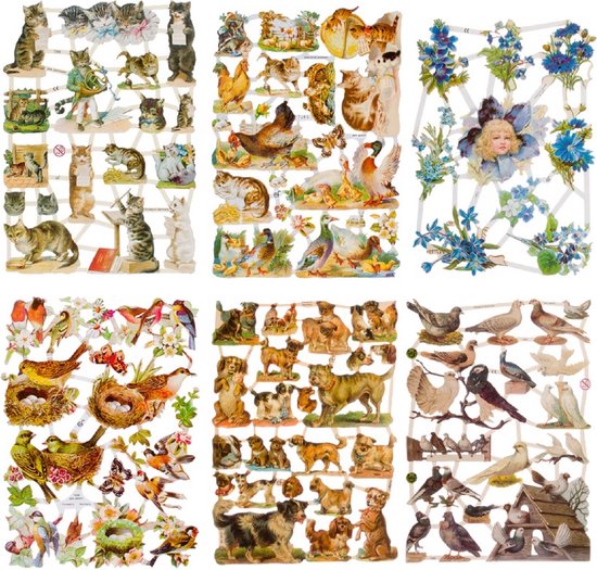 Poëzieplaatjes - 6 vellen - plaatjes - hobby - creatief - decoupage - knutselen - scrapboek met katten - boerderijdieren - bloemen - vogels - honden - duiven