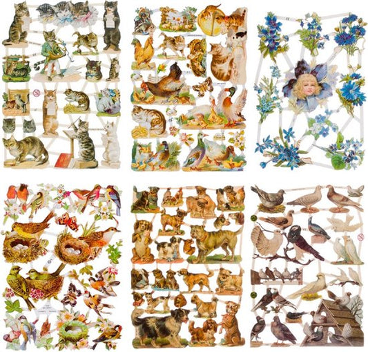 Poëzieplaatjes - 6 vellen - plaatjes - hobby - creatief - decoupage - knutselen - scrapboek met katten - boerderijdieren - bloemen - vogels - honden - duiven