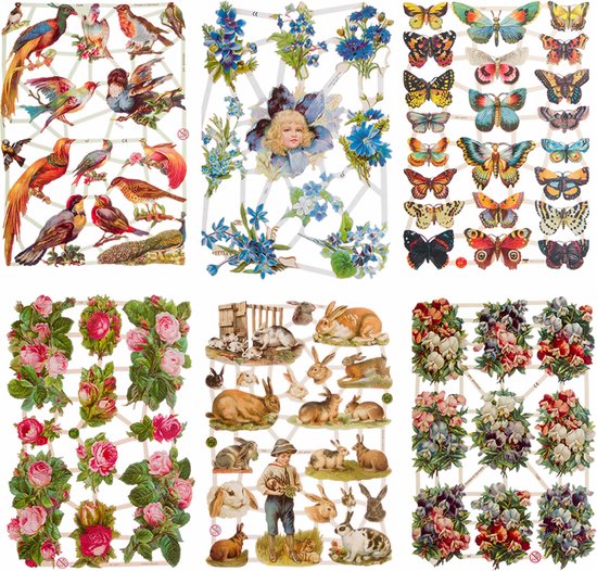 Poëzieplaatjes - Serie 1O - 6 vellen - plaatjes - hobby - creatief - decoupage - knutselen - scrapboek - met Vlinders - VOGELS - BLOEMEN - VLINDERS - KONIJNEN