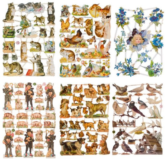 Poëzieplaatjes - 6 vellen - plaatjes - hobby - creatief - decoupage - knutselen - scrapboek - met KATTEN - BOERDERIJDIEREN - BLOEMEN - VARKENTJES - HONDEN - VOGELS