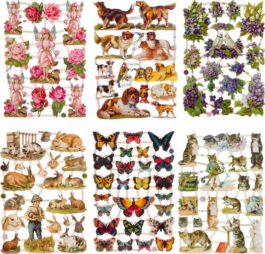Poëzieplaatjes - Serie 1P - 6 vellen - plaatjes - hobby - creatief - decoupage - knutselen - scrapboek - met BLOEMEN - HONDEN - KONIJNEN - VLINDERS - KATTEN