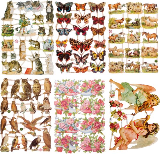 Poëzieplaatjes - Serie 1L - 6 vellen - plaatjes - hobby - creatief - decoupage - knutselen - scrapboek - met KATTEN - VLINDERS - BOERDERIJ DIEREN - UILEN - BLOEMEN - ENGELEN