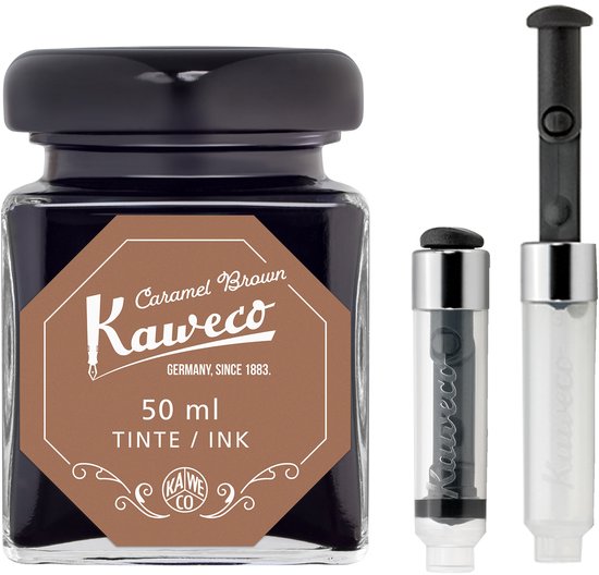 Kaweco - Ink bottle en Mini Converter inklapbaar - Caramel Brown - potje vulpeninkt - Bruine originele Kaweco-inkt in 50 ml glas