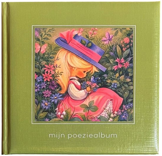 Poeziealbum - Olive Green - 16x16cm - Plaatje van een meisje met hoedje - 5 velletjes poezieplaatjes