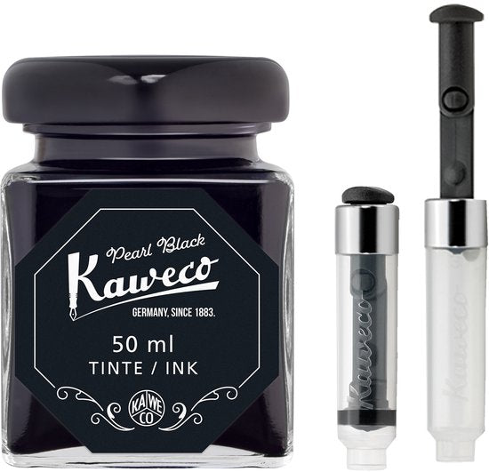 Kaweco - Ink bottle en Mini Converter inklapbaar - Pearl Black - potje vulpeninkt - Zwarte originele Kaweco-inkt in 50 ml glas