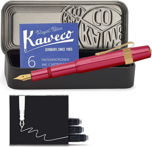 Kaweco - Cadeauset - 4delig - Kaweco AL Sport COLLECTION Fountain Pen RUBY RED Vulpen Extra Breed - Nostalgic Octagonal Clip Gold Plated - Zwart Vintage blikje - Doosje Royal Blue - Doosje zwarte Vullingen