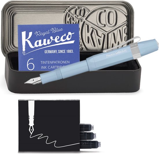 Kaweco - Cadeauset - 4delig - Kaweco Vulpen COLLECTION Sport fountain pen - Mellow Blue - Medium - Nostalgic Octagonal Clip Chrome - Zwart Vintage blikje - Doosje Royal Blue - Doosje zwarte Vullingen