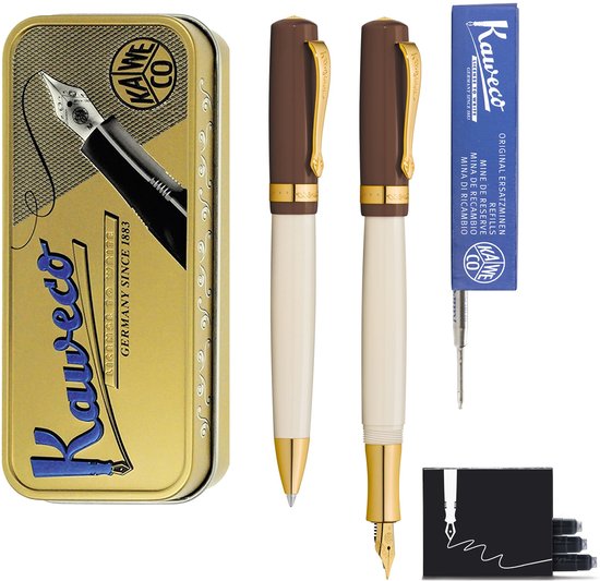 Kaweco - set - Vulpen en Balpen - Student 20's Jazz - Bruin in vintage blikje - doosje G2 Blauwe balpenvulling - doosje vulpeninkt