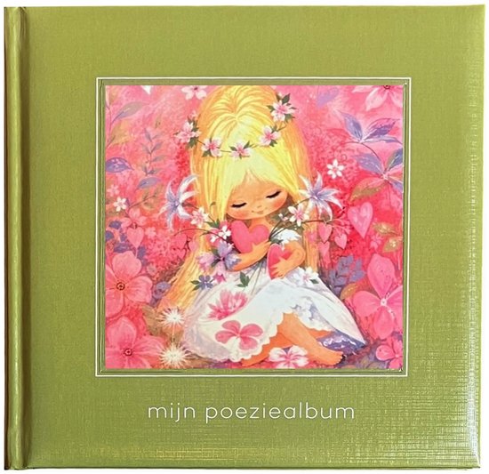 Poeziealbum - Olive Green - 16x16cm - Plaatje van een meisje met hartjes