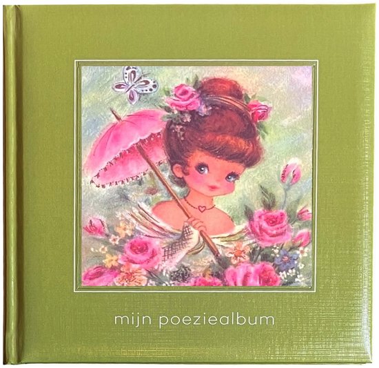 Poeziealbum - Olive Green - 16x16cm - Plaatje van een meisje met parasol - 5 velletjes poezieplaatjes