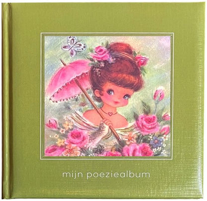 Poeziealbum - Olive Green - 16x16cm - Plaatje van een meisje met parasol - 5 velletjes poezieplaatjes
