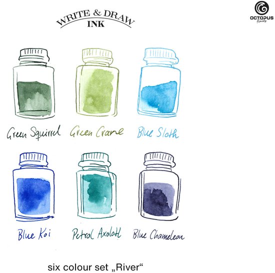 Octopus Write and Draw Ink Set RIVER, watervaste inkt voor schrijven en tekenen, kalligrafie inkt, lichtechte tekeninkt voor vulpen, glaspen, penseel, 6 x 10 ml