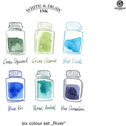 Octopus Write and Draw Ink Set RIVER, watervaste inkt voor schrijven en tekenen, kalligrafie inkt, lichtechte tekeninkt voor vulpen, glaspen, penseel, 6 x 10 ml