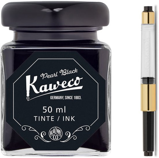 Kaweco - Ink bottle en Standaard Converter - Pearl Black - potje vulpeninkt - Zwarte originele Kaweco-inkt in 50 ml glas - Converter gold met zwarte achterkant