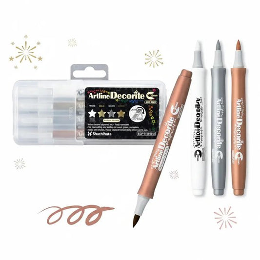 Artline - Decorite Brush - Metallic Markers set van 4 - wit - zilver - goud - brons