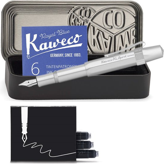 Kaweco - Cadeauset - 4delig - Kaweco AL SPORT Fountain Pen CHROME MAT vulpen - Fine - Nostalgic Octagonal Clip Chrome - Zwart Vintage blikje - Doosje Royal Blue - Doosje zwarte Vullingen