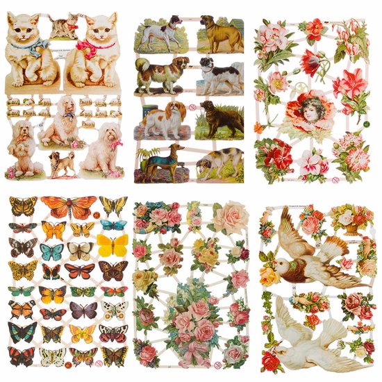 Poëzieplaatjes - 6 vellen - plaatjes - hobby - creatief - decoupage - knutselen - scrapboek met Vogels - Honden - Bloemen - Vlinders