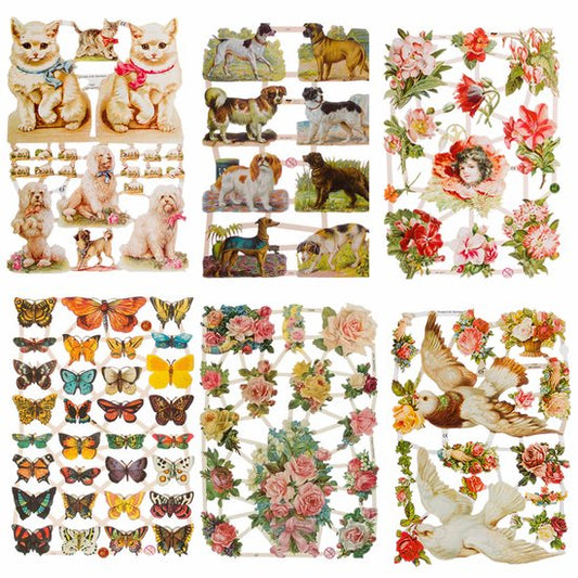 Poëzieplaatjes - 6 vellen - plaatjes - hobby - creatief - decoupage - knutselen - scrapboek met Vogels - Honden - Bloemen - Vlinders