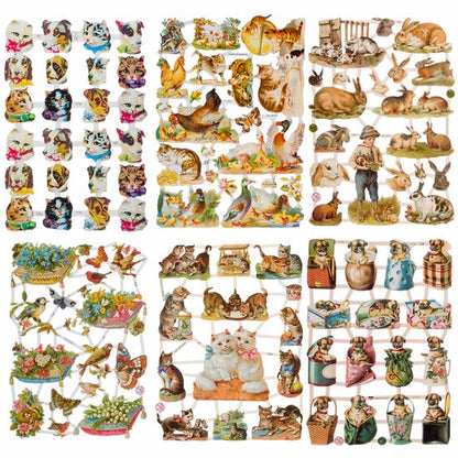 Poëzieplaatjes - 6 vellen - plaatjes - hobby - creatief - decoupage - knutselen - scrapboek - met VOGELS - VLINDERS - BLOEMEN - HONDJES