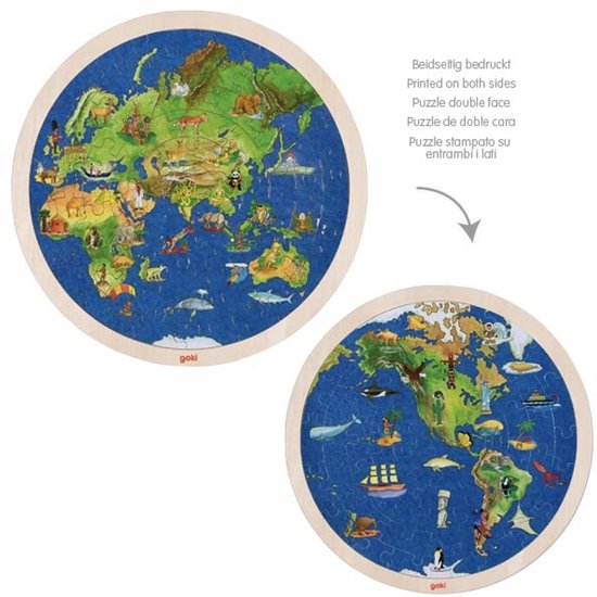 GOKI Puzzel - Wereldbol - 57 Stukjes - Tweezijdig - Hout - 6 Jaar