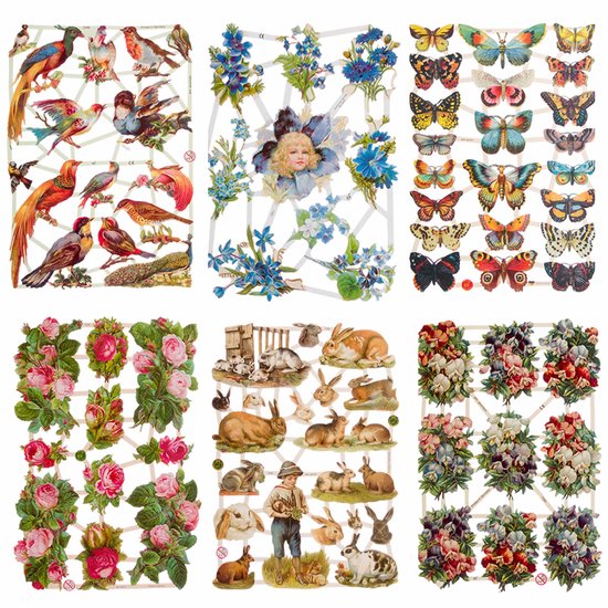 Poëzieplaatjes - 6 vellen - plaatjes - hobby - creatief - decoupage - knutselen - scrapboek - met VOGELS - BLOEMEN - VLINDERS - KONIJNEN