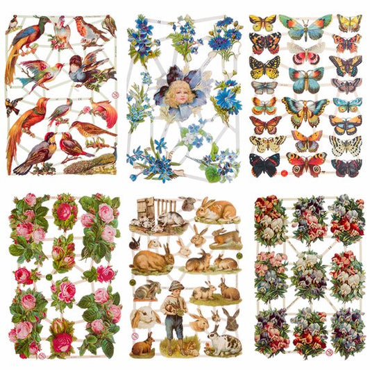 Poëzieplaatjes - 6 vellen - plaatjes - hobby - creatief - decoupage - knutselen - scrapboek - met VOGELS - BLOEMEN - VLINDERS - KONIJNEN