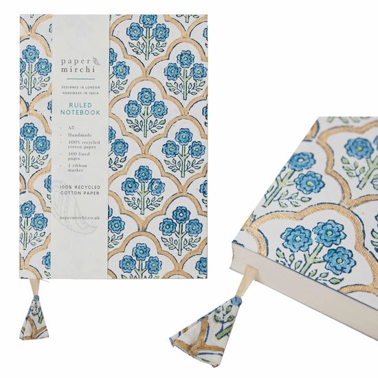 Paper Mirchi - Blokgedrukt Gelijnd Notitieboek (A5) - Trellis Indigo
